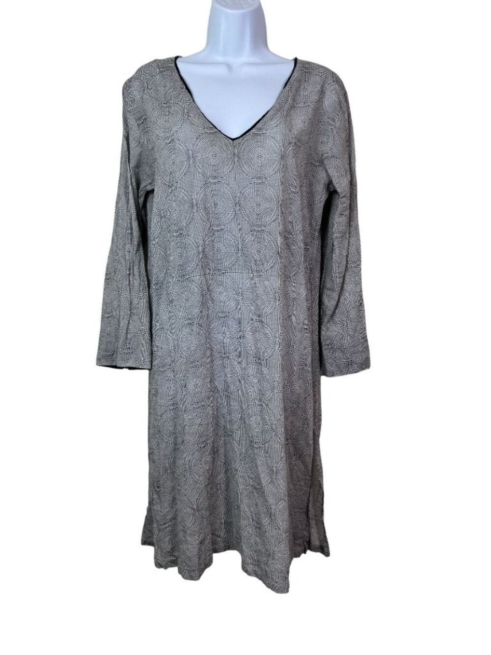 Dolma Women Gray Long Sleeve V-Neck Midi Cotton Dress Geometric Medium lagenlook